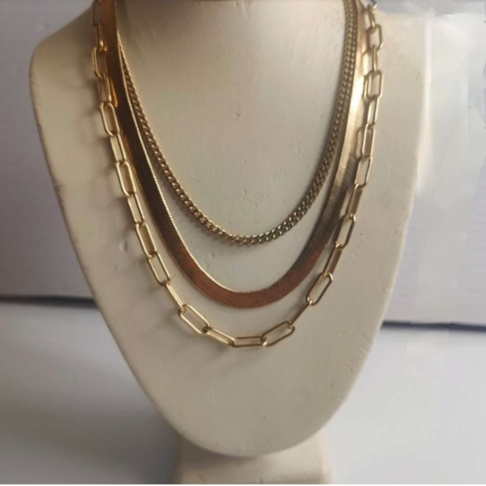 Chico's Gold Tone Layered Necklace Herringbone Chain Paperclip Link - Picture 7 of 7